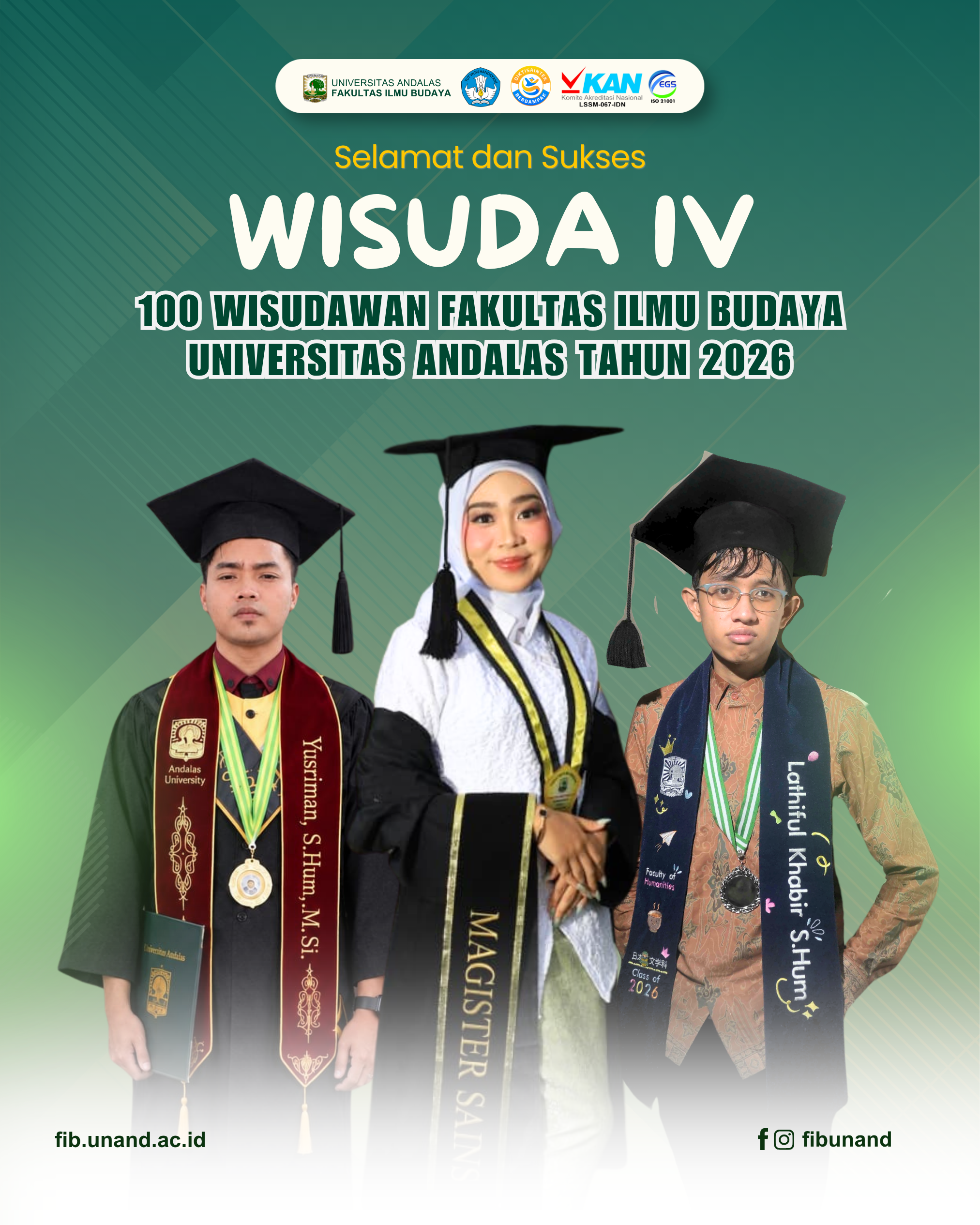 Wisuda Periode IV FIB Unand, 100 Lulusan Dikukuhkan dan Tujuh Mahasiswa Raih Bintang Aktivis Kampus
